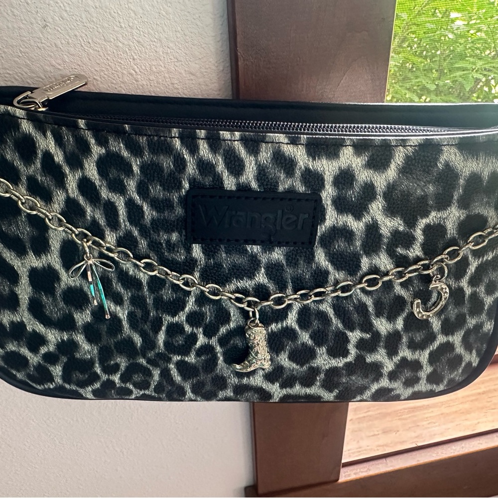 Wrangler Black & Gray Leopard-Print Chain Accent Wristlet